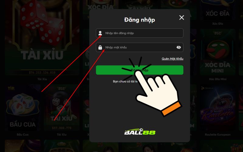 Giao diện đăng nhập Ball88 trên điện thoại
